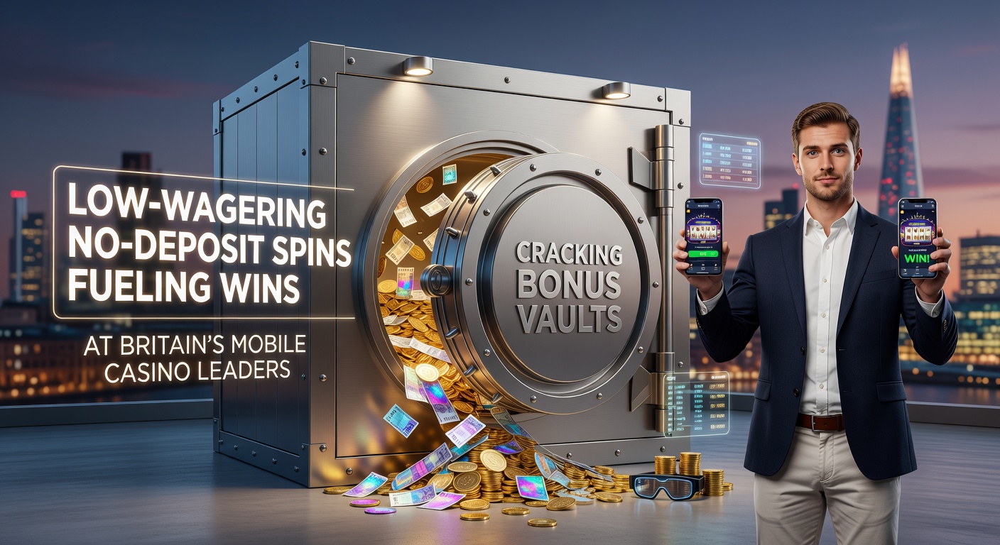 Vibrant mobile casino screen showing spinning reels with bonus icons and low wagering terms highlighted, capturing the excitement of no-deposit wins