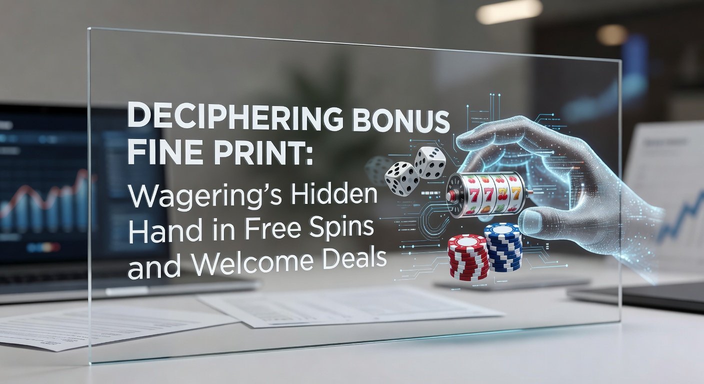 Close-up of casino bonus terms document with highlighted wagering clauses and spinning slot reels in the background