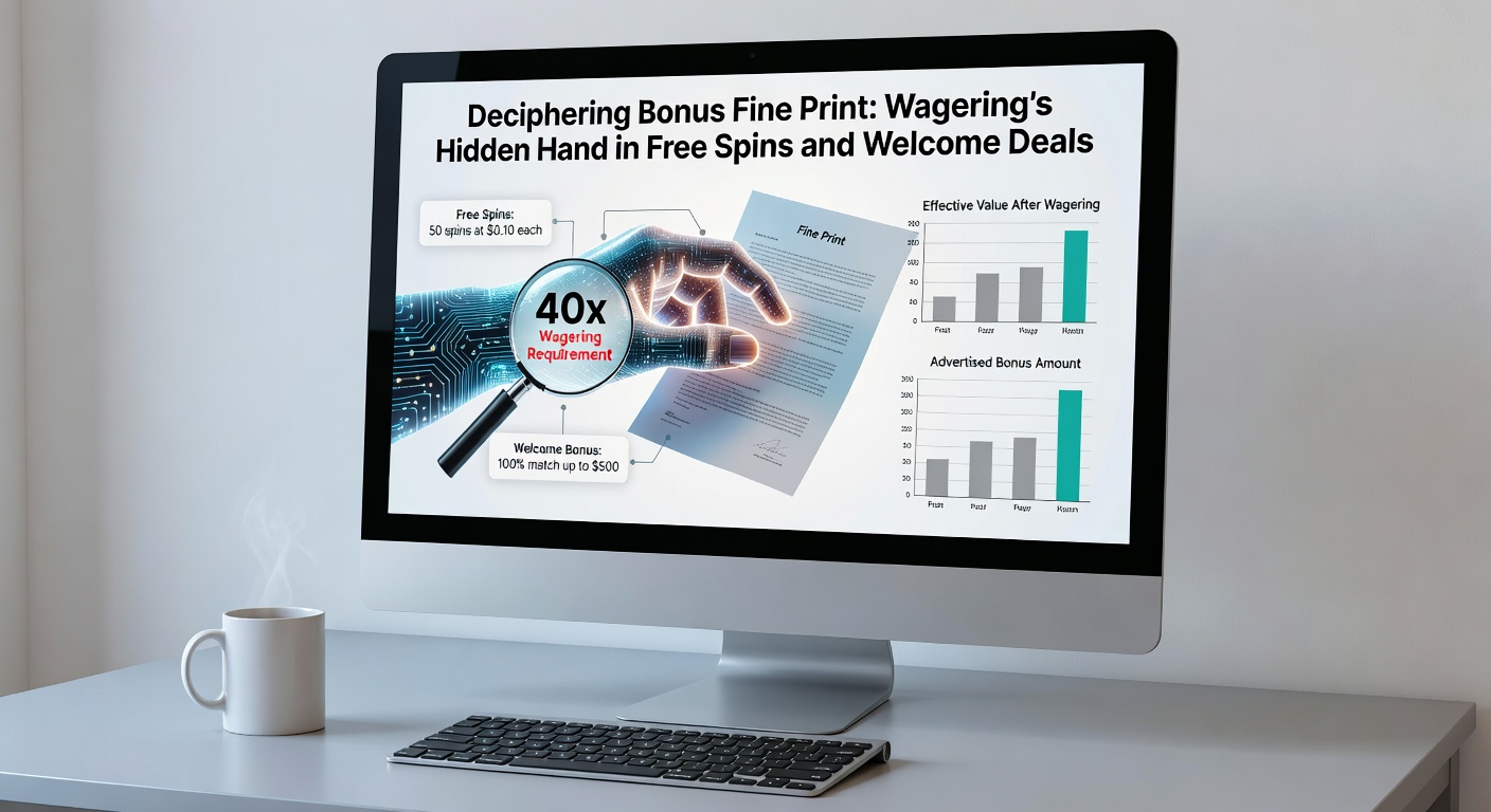 Infographic breaking down wagering calculations for a sample welcome bonus, showing deposit, match, spins, and total playthrough with progress bars