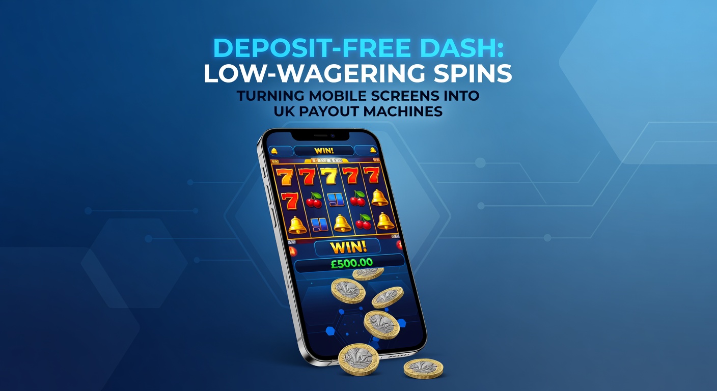 Vibrant mobile casino app displaying a no-deposit spin bonus activating on a smartphone screen, with slot reels spinning and low wagering terms highlighted