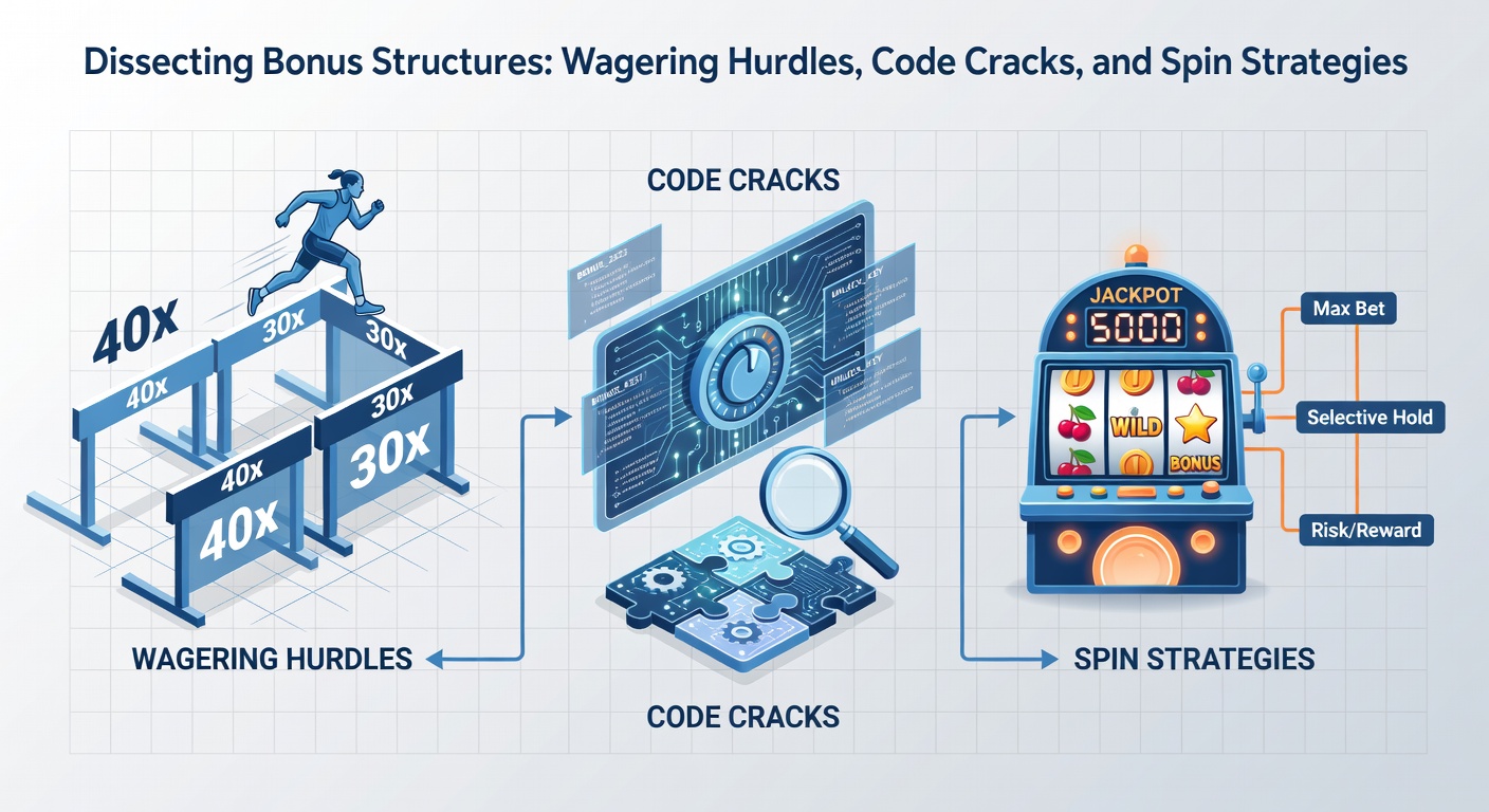 Visual breakdown of casino bonus elements featuring wagering charts, promo code interfaces, and slot reel strategies