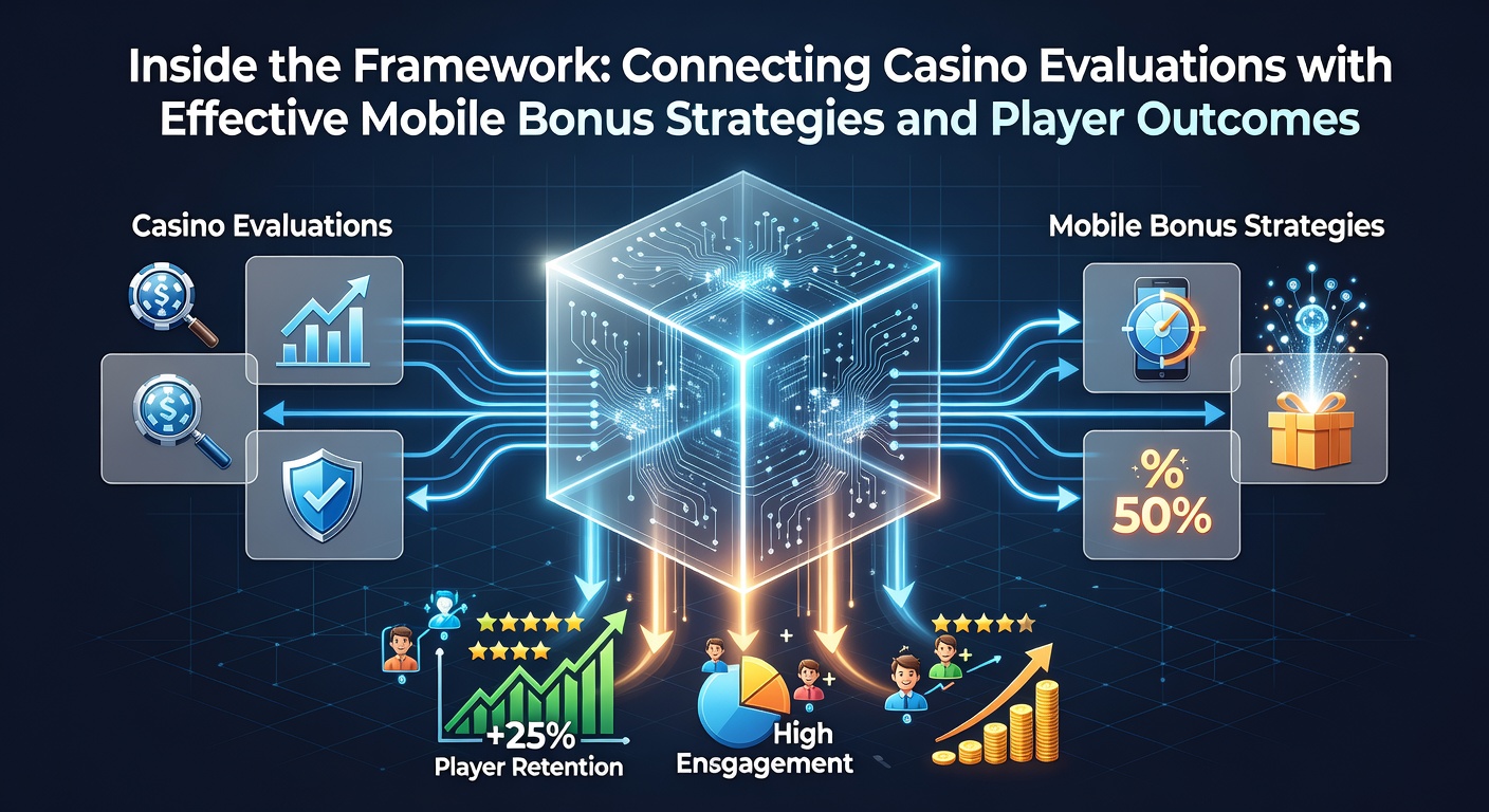 Framework diagram showing casino evaluations linked to mobile bonus strategies and player outcome metrics