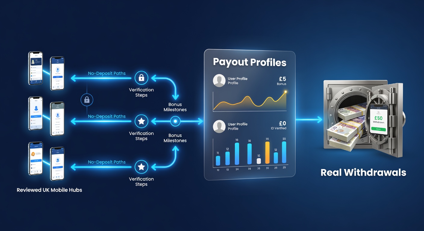 Infographic depicting branching payout funnels from no-deposit spins, with stats on conversion rates and mobile withdrawal icons
