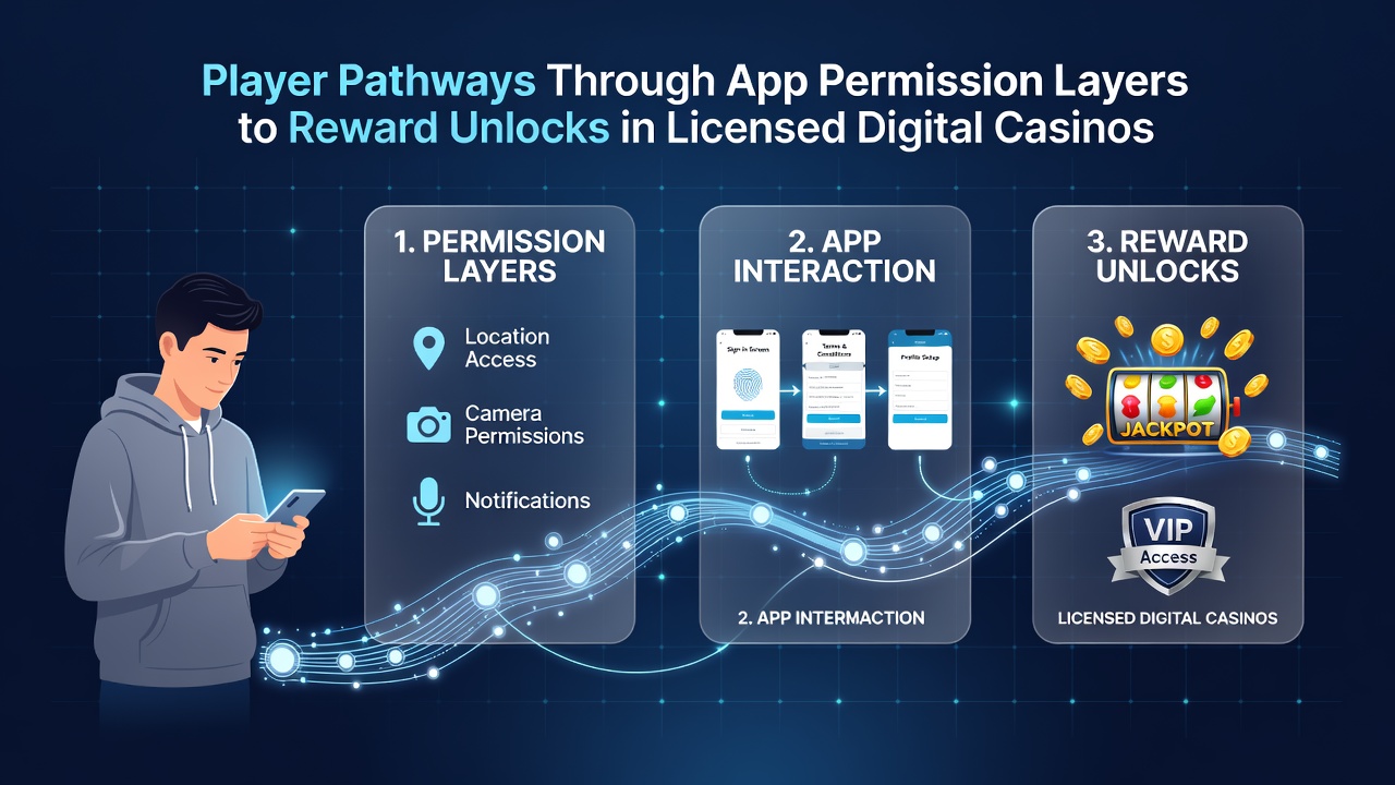 Diagram showing sequential app permission layers and corresponding reward unlock stages for casino players