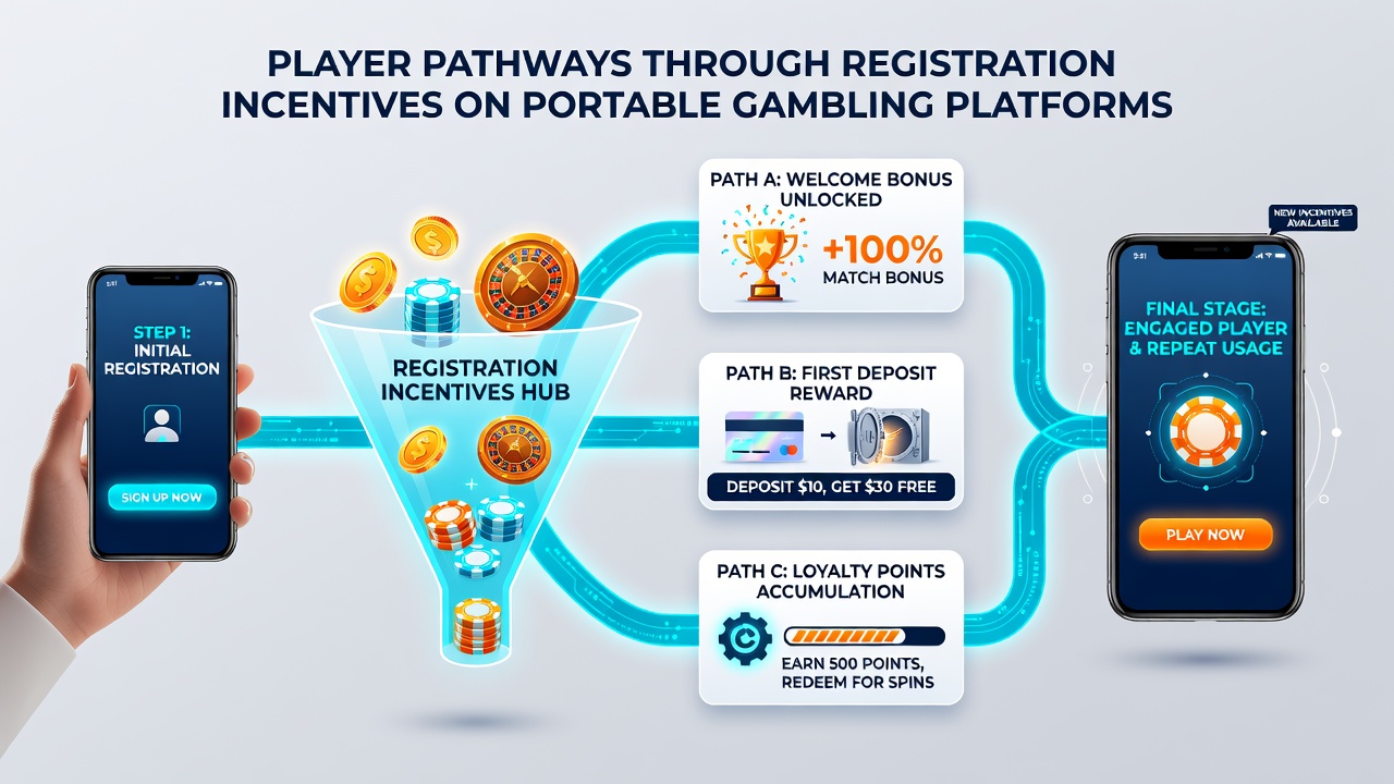 Infographic illustrating player journey stages from registration to retention on mobile gambling apps