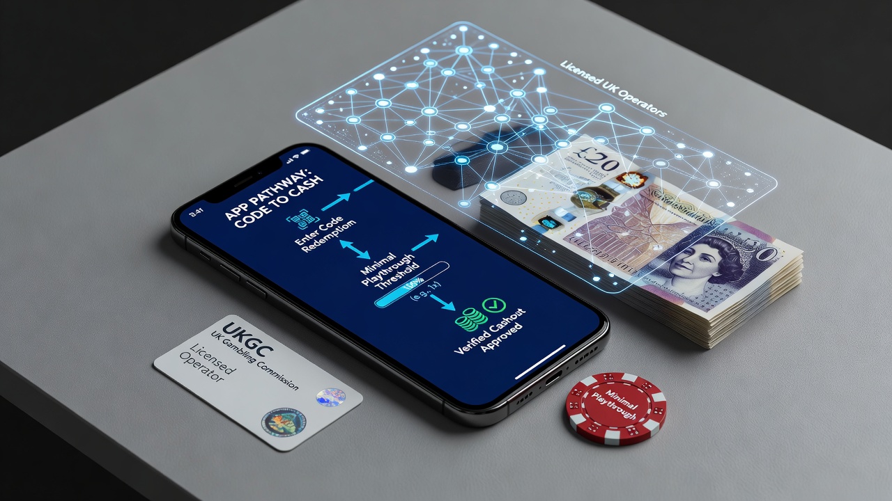 Smartphone displaying casino app redemption screen with code entry and cashout verification options