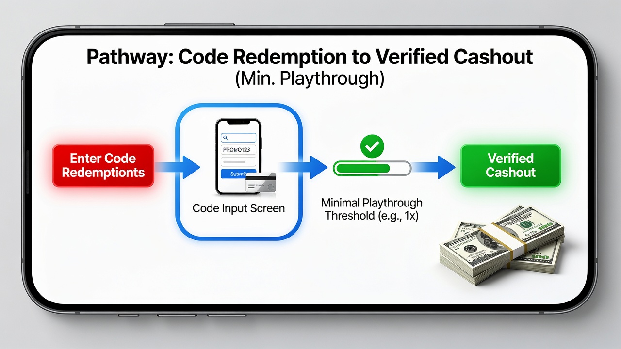 Mobile app dashboard illustrating verified cashout process after code redemption and low playthrough completion