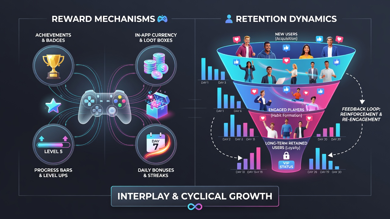 Analytics dashboard showing retention curves and reward engagement data for gaming apps
