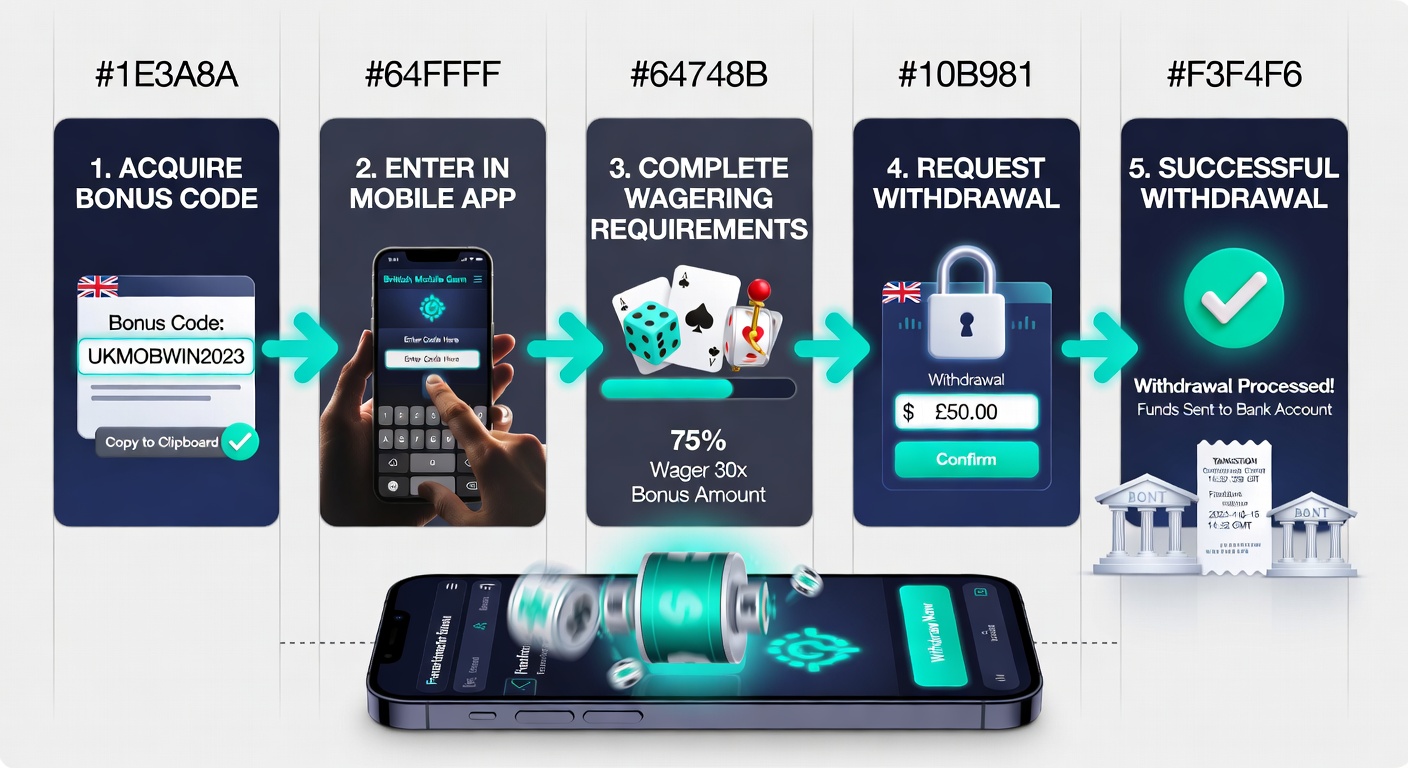 Step-by-step flowchart displayed on a tablet illustrating bonus code activation through to withdrawal approval in a gaming app