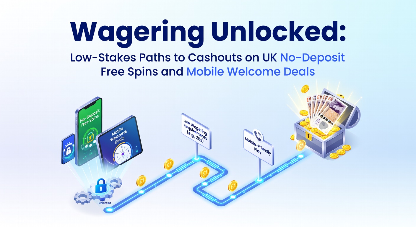Vibrant graphic showing a path from free spins to cashout, with low wagering icons and UK mobile casino elements