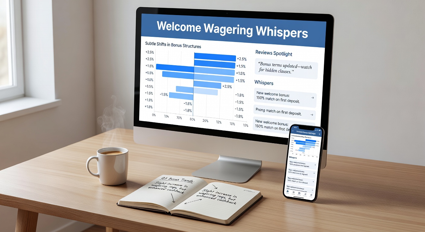 Close-up of player testimonials and charts dissecting wagering requirement changes in casino welcome bonuses, emphasizing review-driven insights